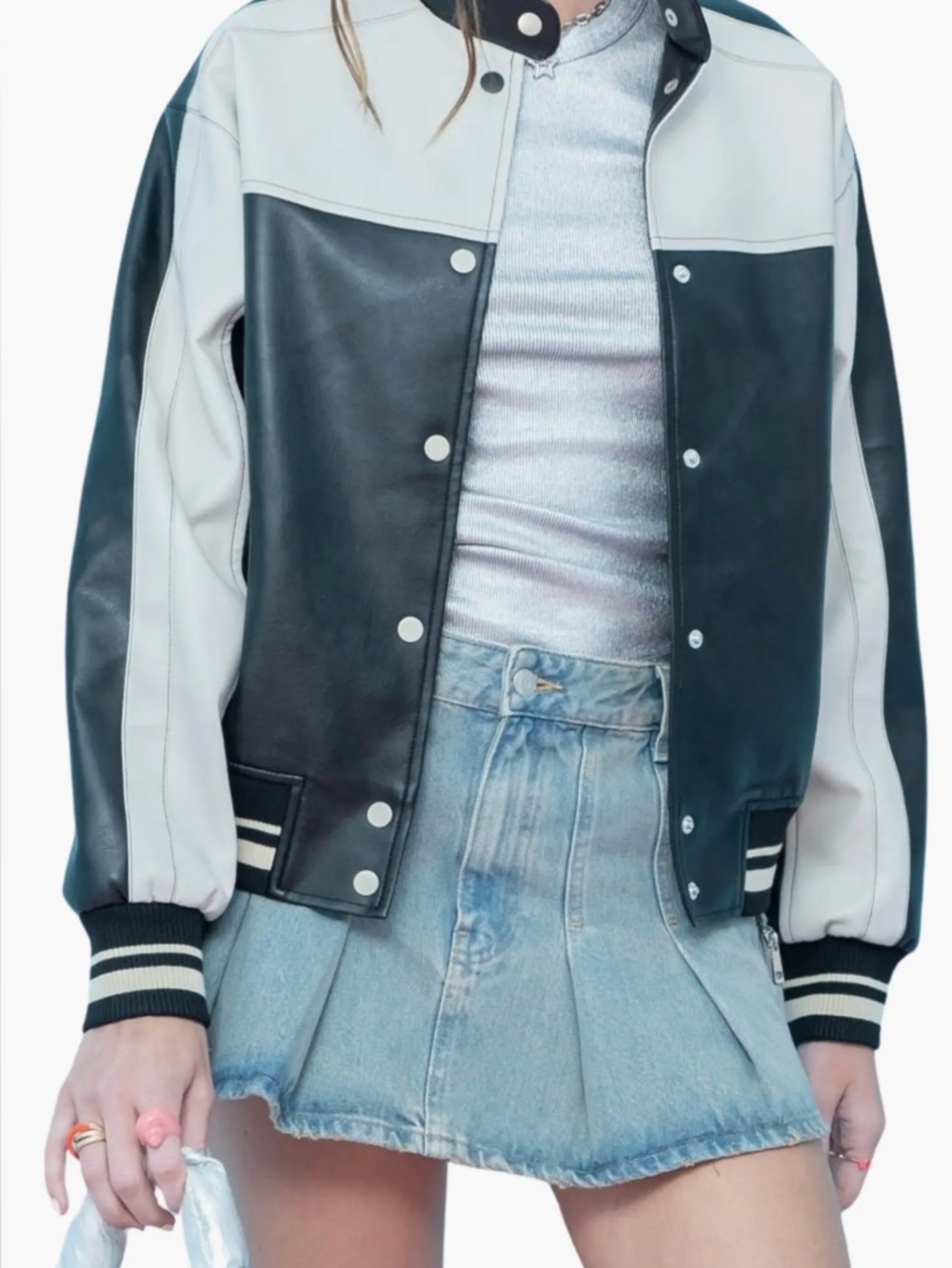 Faux Leather Moto Racing Jacket - Varsity Jacket - Black & Cream